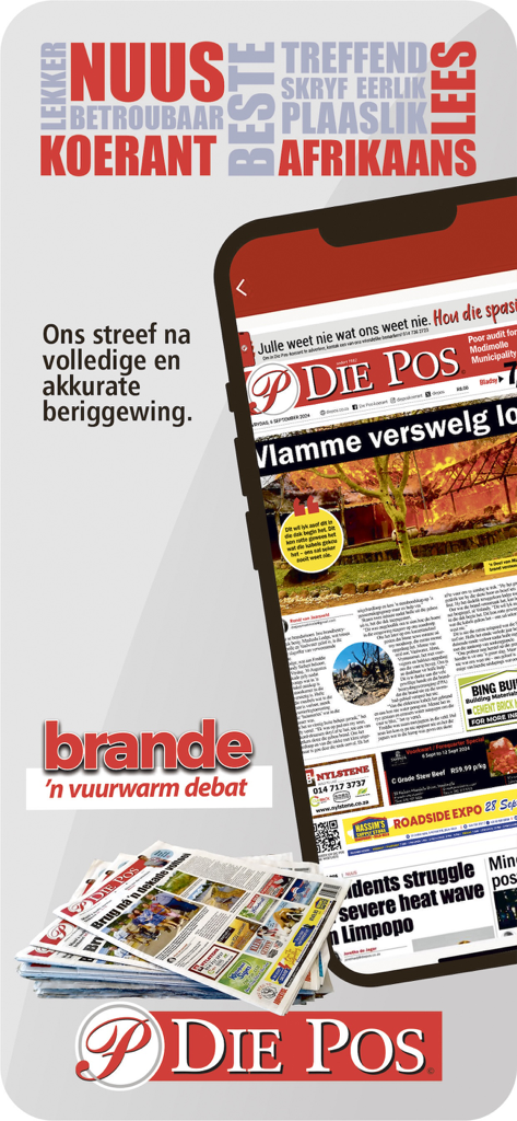 Die Pos - Promotion for Die Pos news app featuring Afrikaans news articles on a smartphone and a stack of physical newspapers.