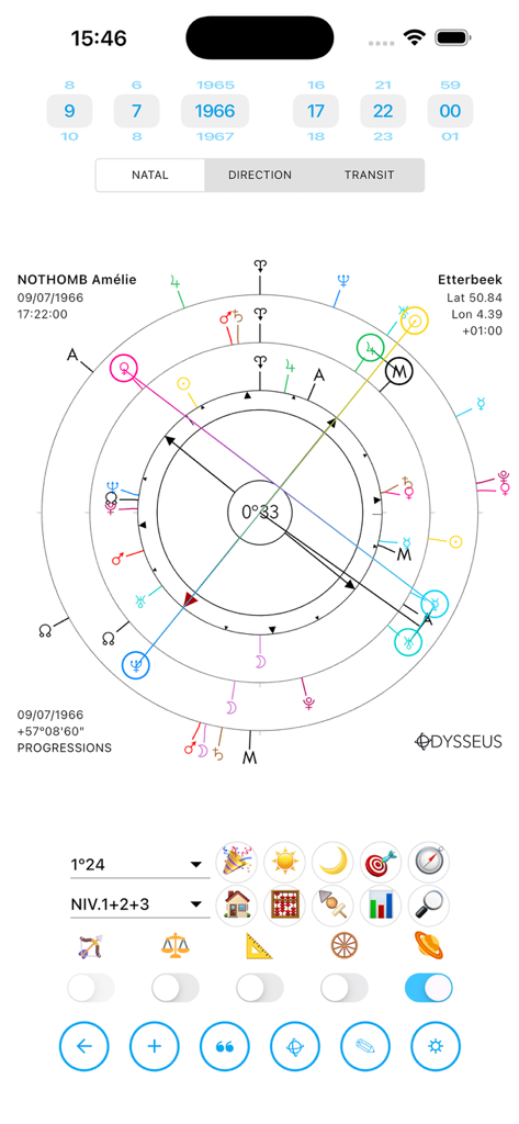 Odysseus® - Technical astrological dial interface in the Odysseus app showing a natal chart with specialized Uranian points