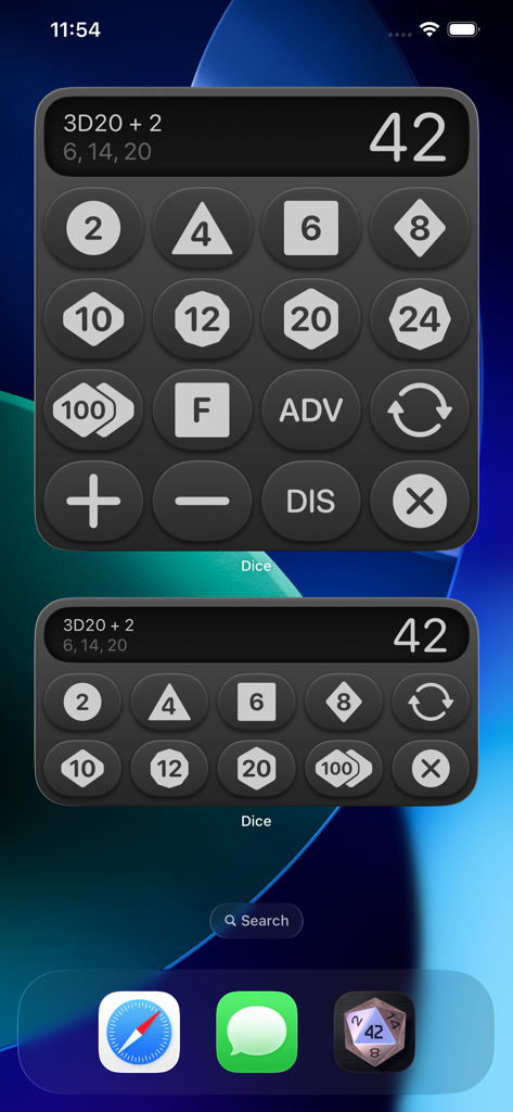 Dice by PCalc app widgets on an iOS home screen showing dice calculation buttons and results