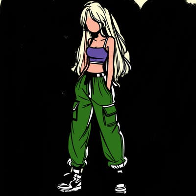 girl in baggy pants crop top and long hair