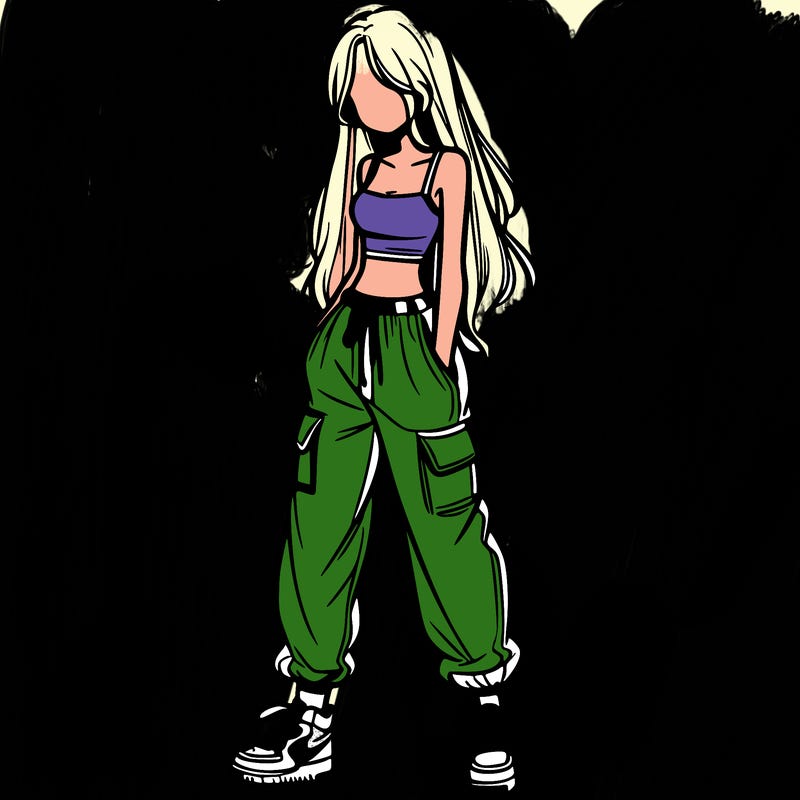 girl in baggy pants crop top and long hair