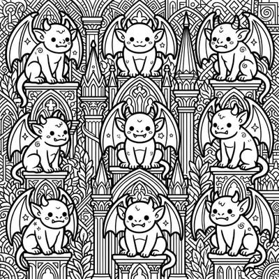 Discover a charming world where traditionally grotesque gargoyles are transformed into irresistibly cute Kawaii creatures. This intricate coloring page invites you to bring a touch of gothic whimsy and adorable fantasy to life with your favorite colors.