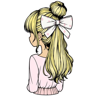 realistic girl  with hip length hair a bun and a big bow on the back of head