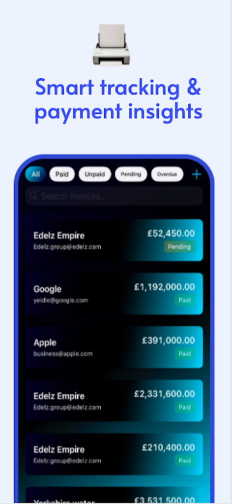 Mobile app screen showing smart tracking and payment insights with a list of invoices and their payment statuses