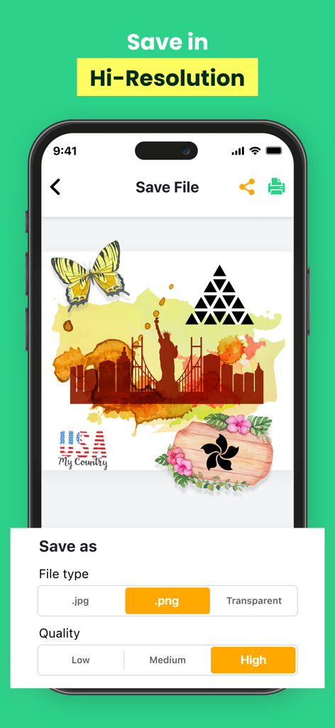 Designs For Cricut Space - Interface of the Designs for Cricut Space app showing options to save a craft project as a high quality PNG file.