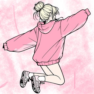 realistic girl jumping with a bun and oversized sweatshirt