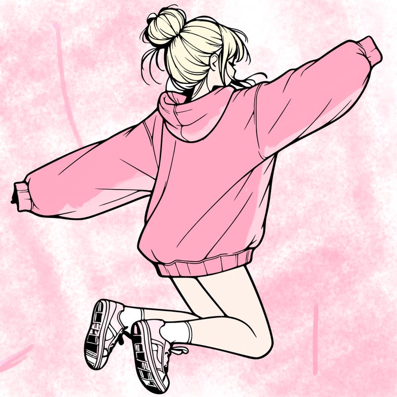 realistic girl jumping with a bun and oversized sweatshirt