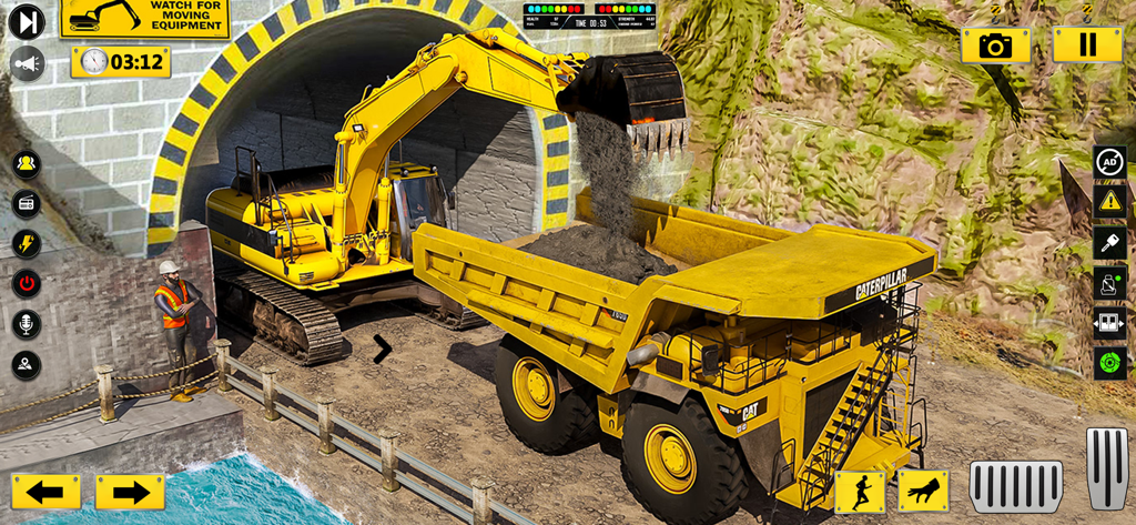 Construction Truck Sim 3D - A yellow excavator loads soil into a large dumper truck in a 3D construction simulation game environment.