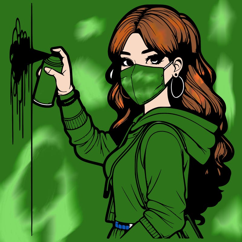 realistic girl with mask spray painting a wall