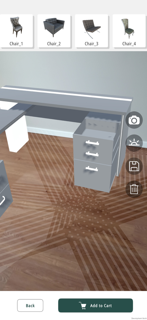 Mobile app interface of Easy AR Furniture showing a modern grey desk placed in a room via augmented reality.