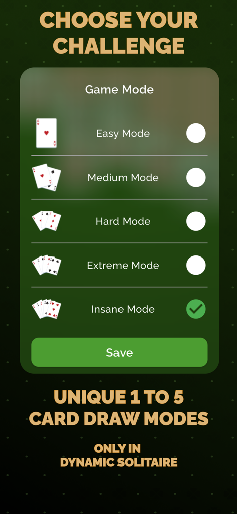Solitaire Klondike: Card Games - Pantalla de selección de modo de juego en Solitario Klondike que muestra niveles de dificultad para tiradas de 1 a 5 cartas.