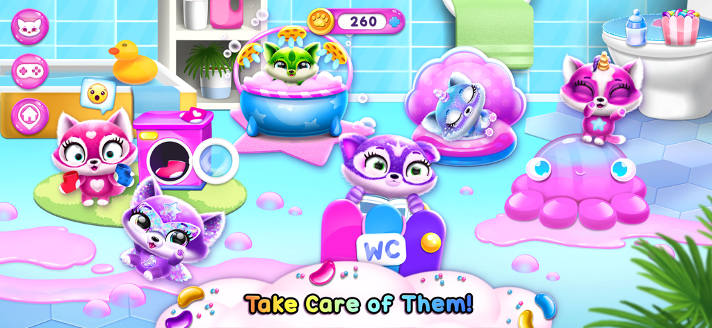 Colorful scene showing several cute Fluvsies pets in a bathroom being cared for with a bathtub and washing machine