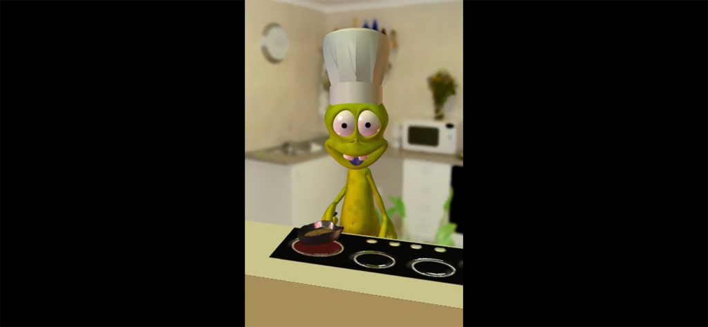 A green alien character named Pogg wearing a chef hat and cooking at a stove in a kitchen
