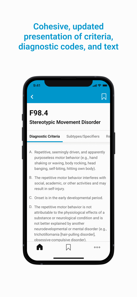 Un teléfono móvil mostrando la aplicación DSM-5-TR con criterios de diagnóstico y códigos ICD-10 para el Trastorno del Movimiento Estereotipado