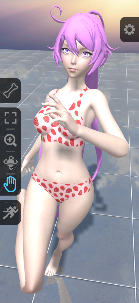 Pro Poser 3D Model Poses - Una chica anime modelo 3D con cabello morado y traje de baño de fresa siendo posada en la app Pro Poser