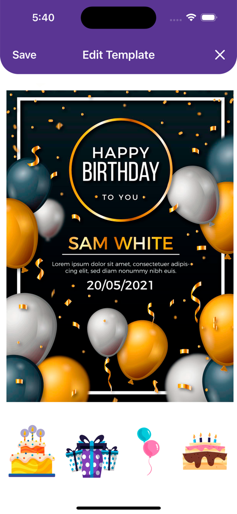 Digital Invitation Maker - Una pantalla de aplicación móvil mostrando una plantilla de invitación de cumpleaños para Sam White con globos y confeti dorados y azules.