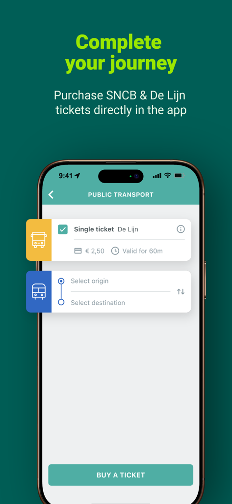 Interfaz de smartphone mostrando la función de transporte público de la aplicación 4411 para comprar billetes de autobús y tren