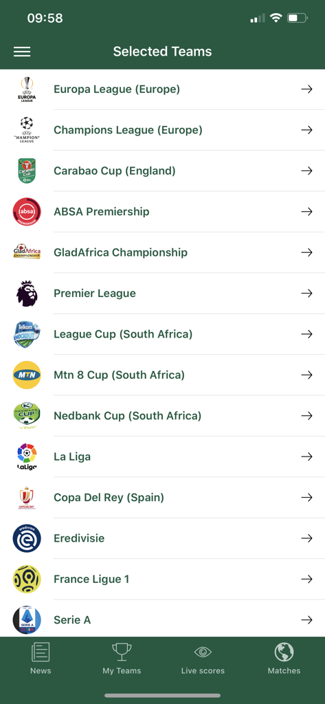 FARPost - Pantalla de la app FARPost que muestra una lista de ligas de fútbol internacionales y sudafricanas, incluidas la ABSA Premiership y la Champions League.