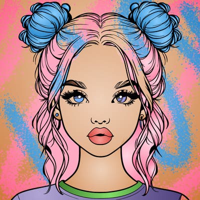 realistic girl with two buns in hair and lips
