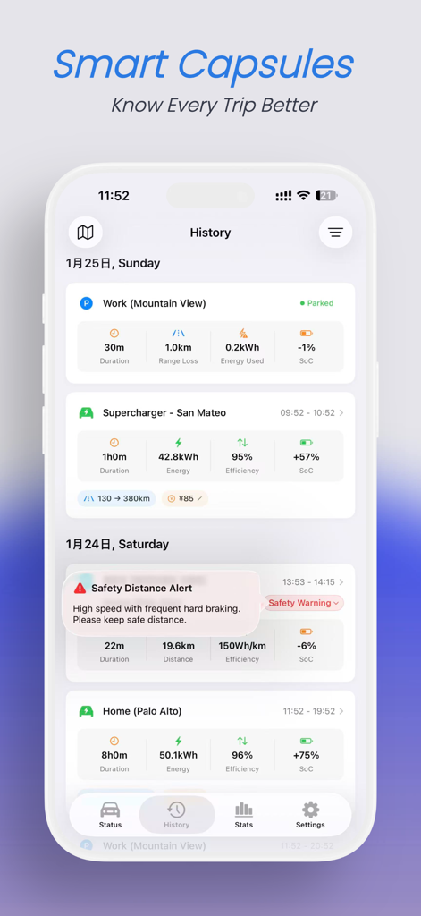 Mytess - Interfaz de la aplicación Mytess que muestra el historial de viajes de Tesla con métricas de eficiencia y alertas de seguridad.