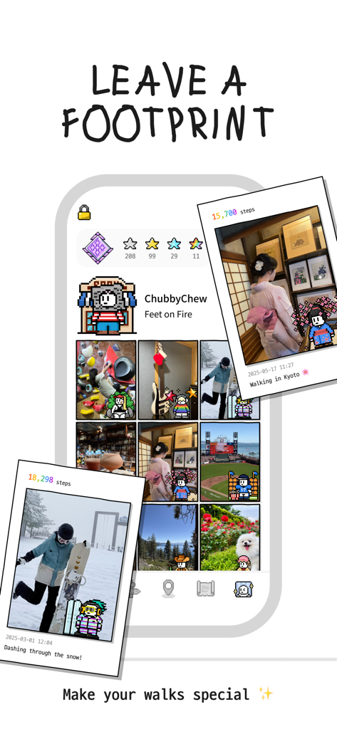Charlie - Walking Charlie - チャーリーアプリで、歩数とピクセルアートのキャラクターが表示されたウォーキングの思い出のギャラリー。
