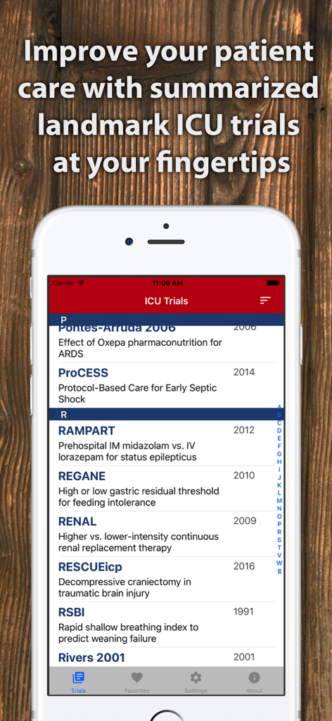 ICU Trials by ClinCalc - Screenshot der ICU Trials App von ClinCalc, der eine Liste von zusammengefassten wegweisenden ICU-Studien auf einem iPhone zeigt