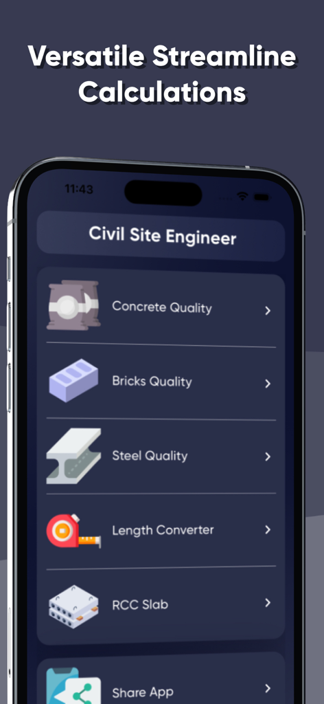 Civil Site Engineer App - Oberfläche der Civil Site Engineer App, die ein Menü mit Berechnungswerkzeugen für Beton, Ziegel und Stahlgüte anzeigt.