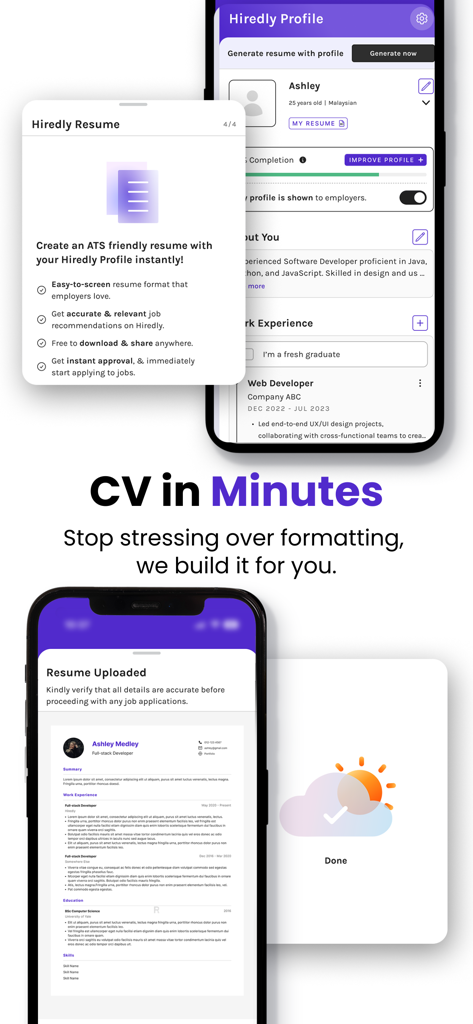 Hiredly | Malaysian Job Search - A mobile app interface from Hiredly showing the CV in Minutes feature for generating ATS friendly resumes