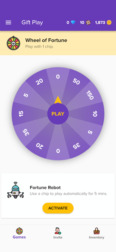 Gift Play - Earn Gift Cards - Interfaz de la aplicación Gift Play que muestra el juego de la Rueda de la Fortuna y el Robot de la Fortuna para ganar oro y recompensas.