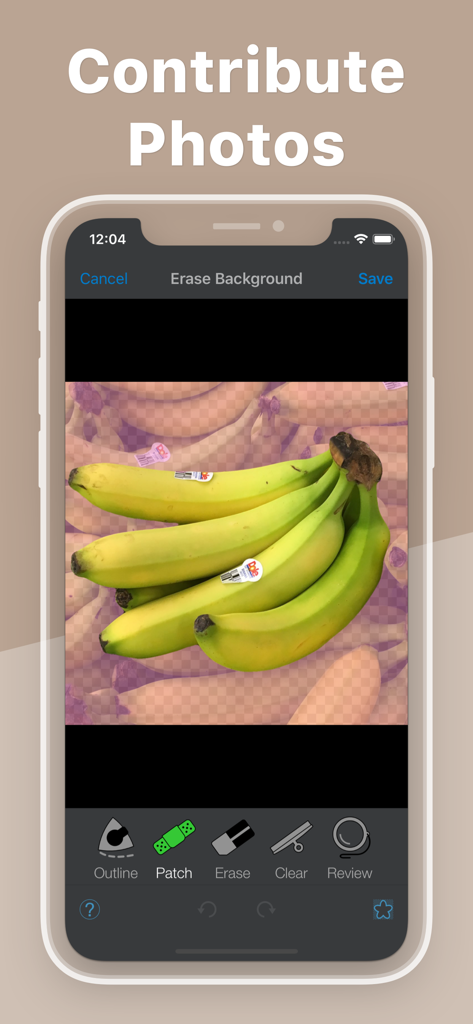 Interface of the Pantry Check app showing background removal tools for a bunch of bananas to contribute a product photo