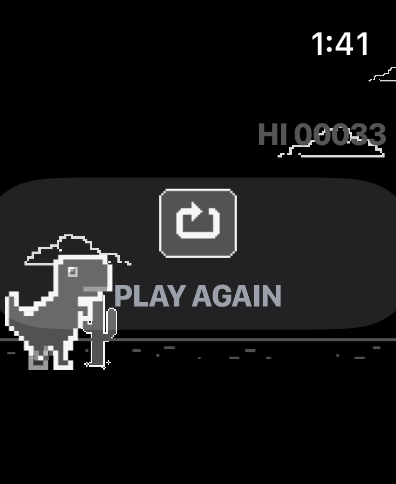 Pantalla de fin de juego de Dino Run T-Rex en Apple Watch con el dinosaurio pixelado y un botón de Jugar de Nuevo