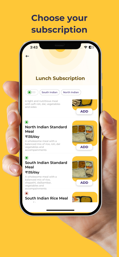 Homeal - Homeal app screen showing daily lunch subscription options for North and South Indian home cooked meals