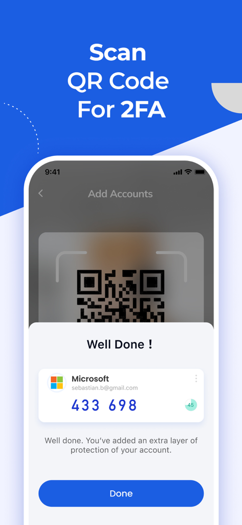 Mobile screen showing a successful QR code scan for 2FA setup with a Microsoft account