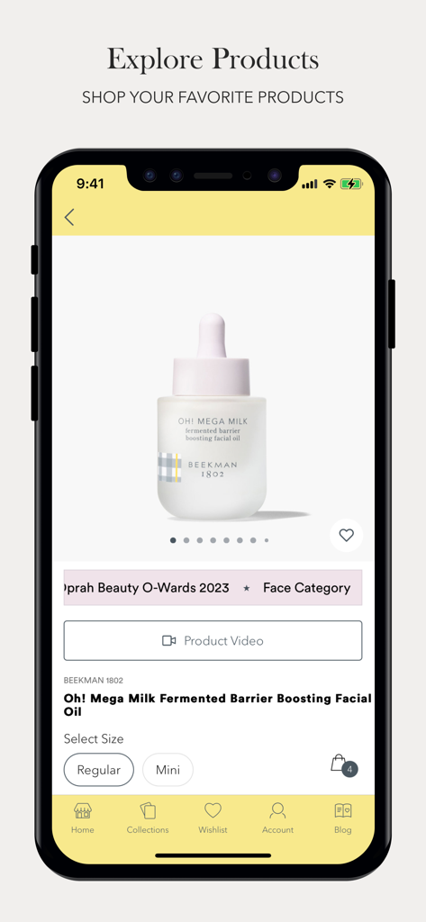 Beekman 1802 - Beekman 1802 mobile app showing Oh Mega Milk facial oil product details
