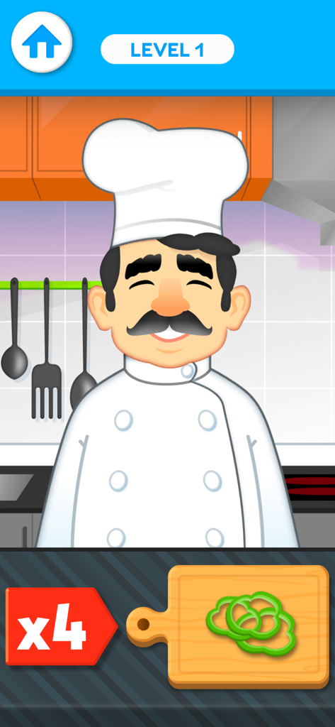 A memory game level showing a cartoon chef in a kitchen with sliced green peppers on a cutting board.