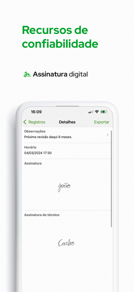 Produttivo: Ordem de Serviço - Smartphone interface of Produttivo app showing digital signatures for service reports