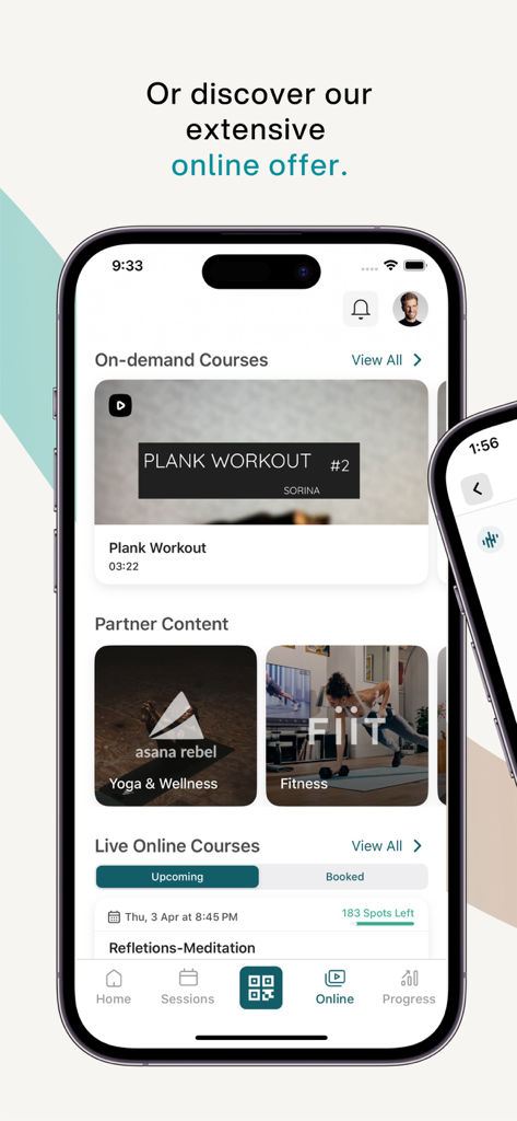 Interfaz de la aplicación EGYM Wellpass mostrando entrenamientos bajo demanda, contenido de socios y cursos de meditación en vivo