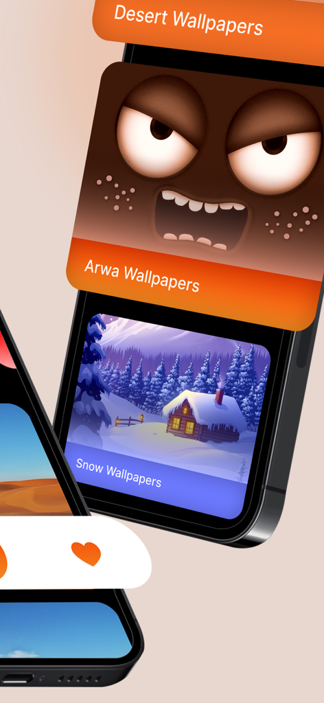 Arwa Wallpaper - User interface of the Arwa Wallpaper app on an iPhone showing various themes including wicked eyes and snowy landscape categories.