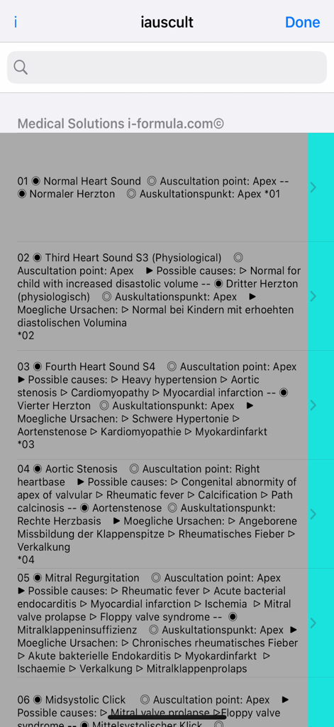 さまざまな心音のリスト。医学的な説明と聴診ポイントがiauscultアプリに表示されています。