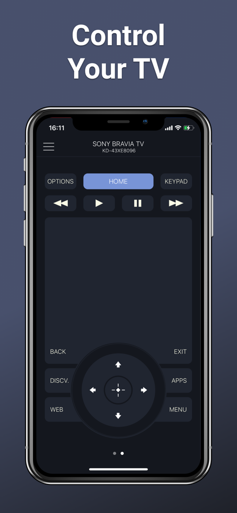 Remote Control for Sony TVs - ナビゲーションボタンとタッチパッドエリアを備えたSony Bravia TV用デジタルリモコンインターフェースを表示するスマートフォン画面