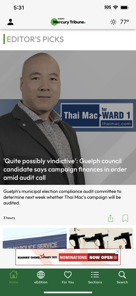 Guelph Mercury Tribune mobile news app interface featuring local headlines and editors picks section