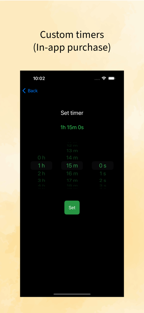 Stop Music Timer - Stop Music Timer app interface showing the custom timer setting screen with a dark background and time picker