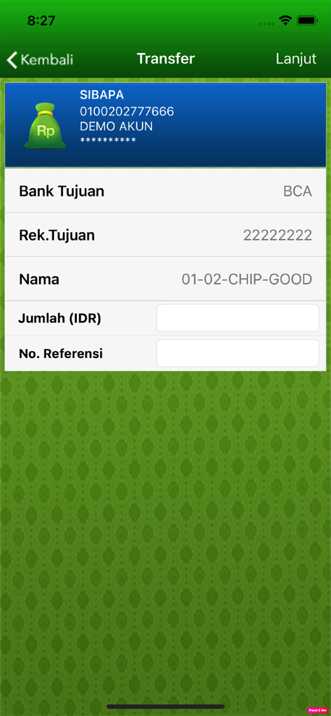 BPDBALI Mobile app transfer funds interface showing target bank and amount fields