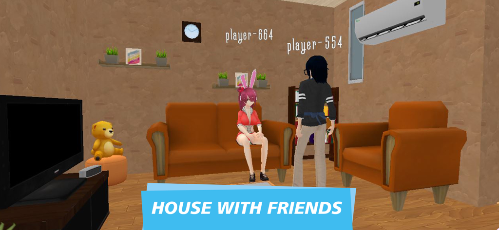 Anime Island Multiplayer: WS - Dos personajes de anime personalizados socializando en una sala de estar virtual en Anime Island Multiplayer