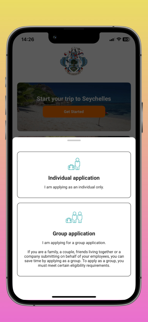 Seychelles E-Border app screen showing options for individual or group travel applications.