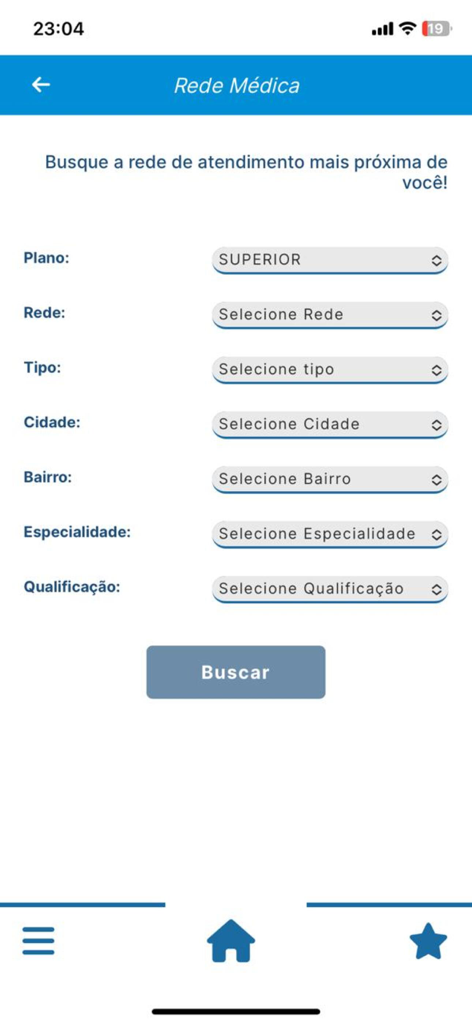ASSIM SAÚDE - ASSIM SAUDE app screen showing filters for searching medical network providers by city, neighborhood, and specialty
