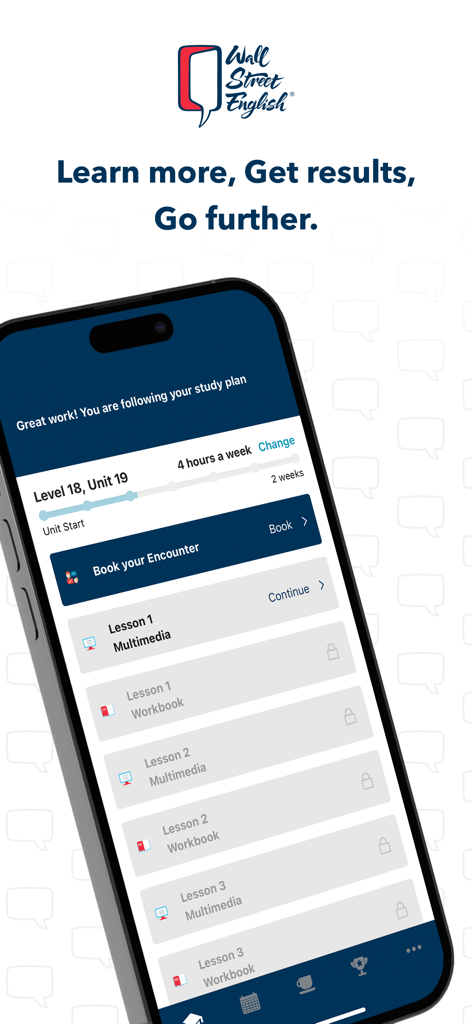 Smartphone screen showing the Wall Street English app dashboard with a personalized study plan and lesson list