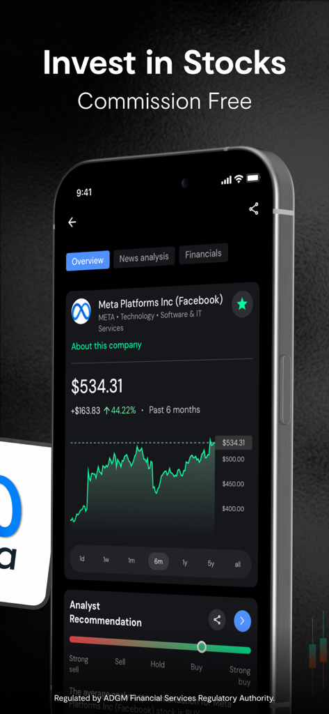 Invest & Trade : Nemo Money - Nemo Money mobile app screen displaying Meta Platforms stock analysis with a price chart and analyst recommendations