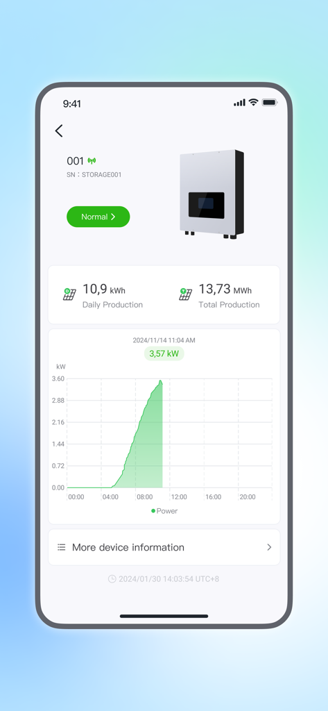 Interfaz de la aplicación móvil que muestra estadísticas de producción solar diaria y gráfico de generación de energía
