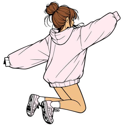 realistic girl jumping with a bun and oversized sweatshirt